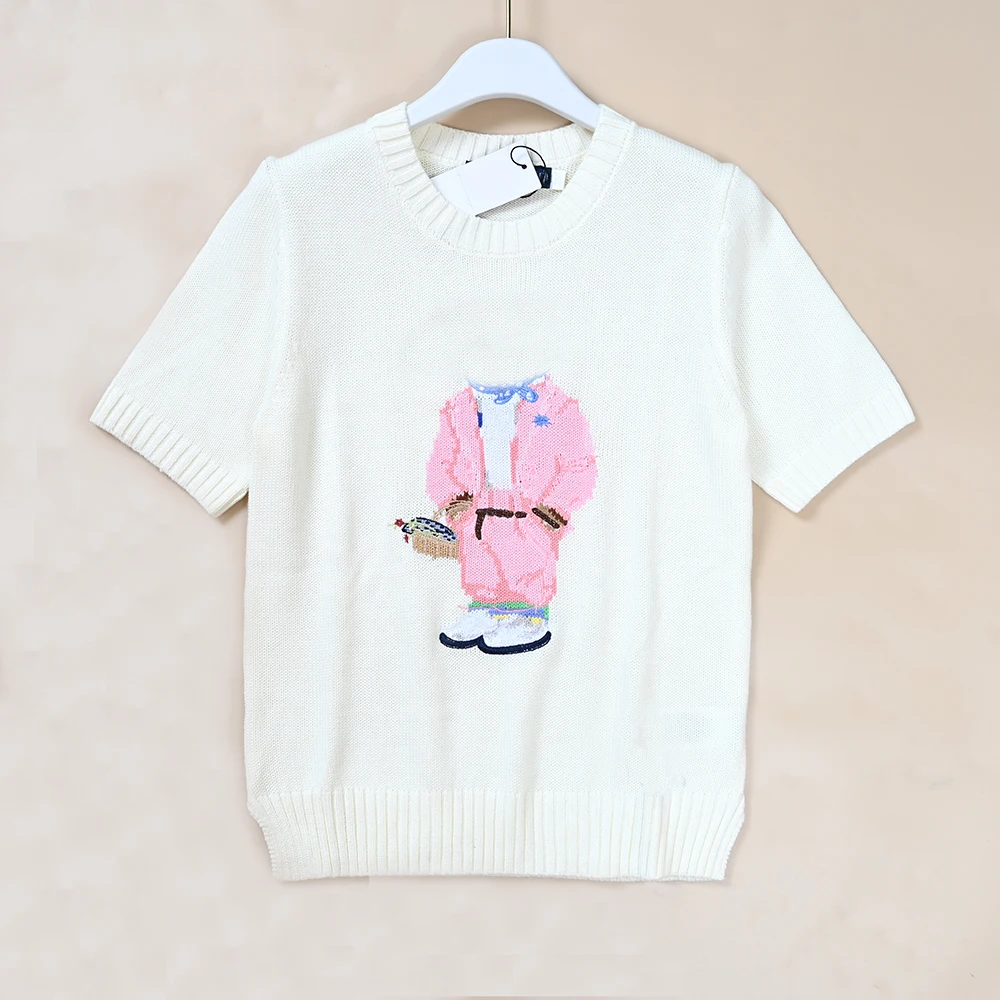 Spring Summer New Women's Cartoon Pattern Cotton Blend round Neck Short Sleeve Knitted Sweater Loose Fit Casual Online Exclusive