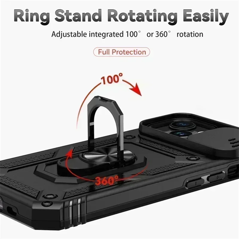 Ring Stand Rotating Slide Camera Lens Military Grade Armor Case for iPhone 17 16 E 14 13 12 11 15 Pro Max Plus Mini Cover