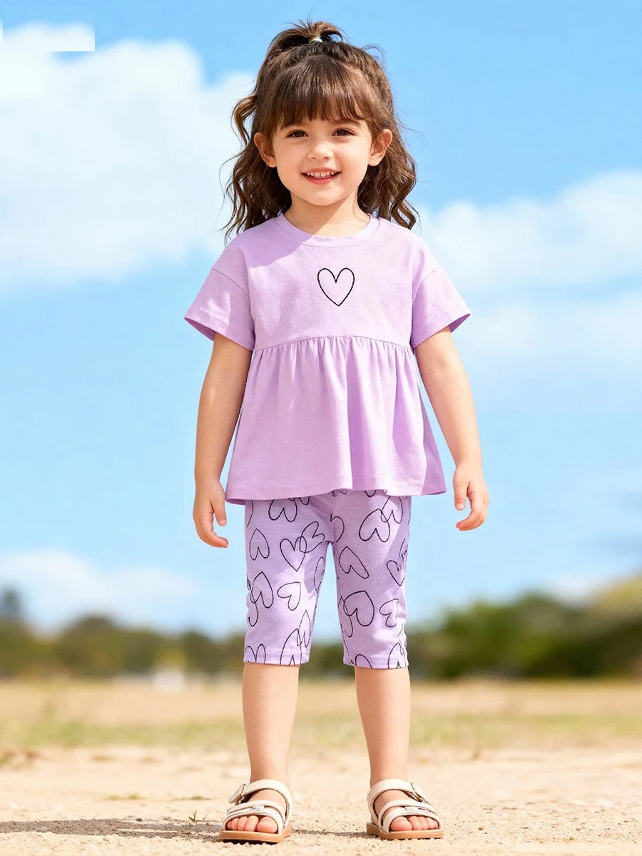 

Summer Baby Girls Cotton Heart Print Smocked Waist O-Neck Short Sleeve T-Shirt+Shorts Set Kid Sweet 2PCS Children Outfit 2-7 Yr