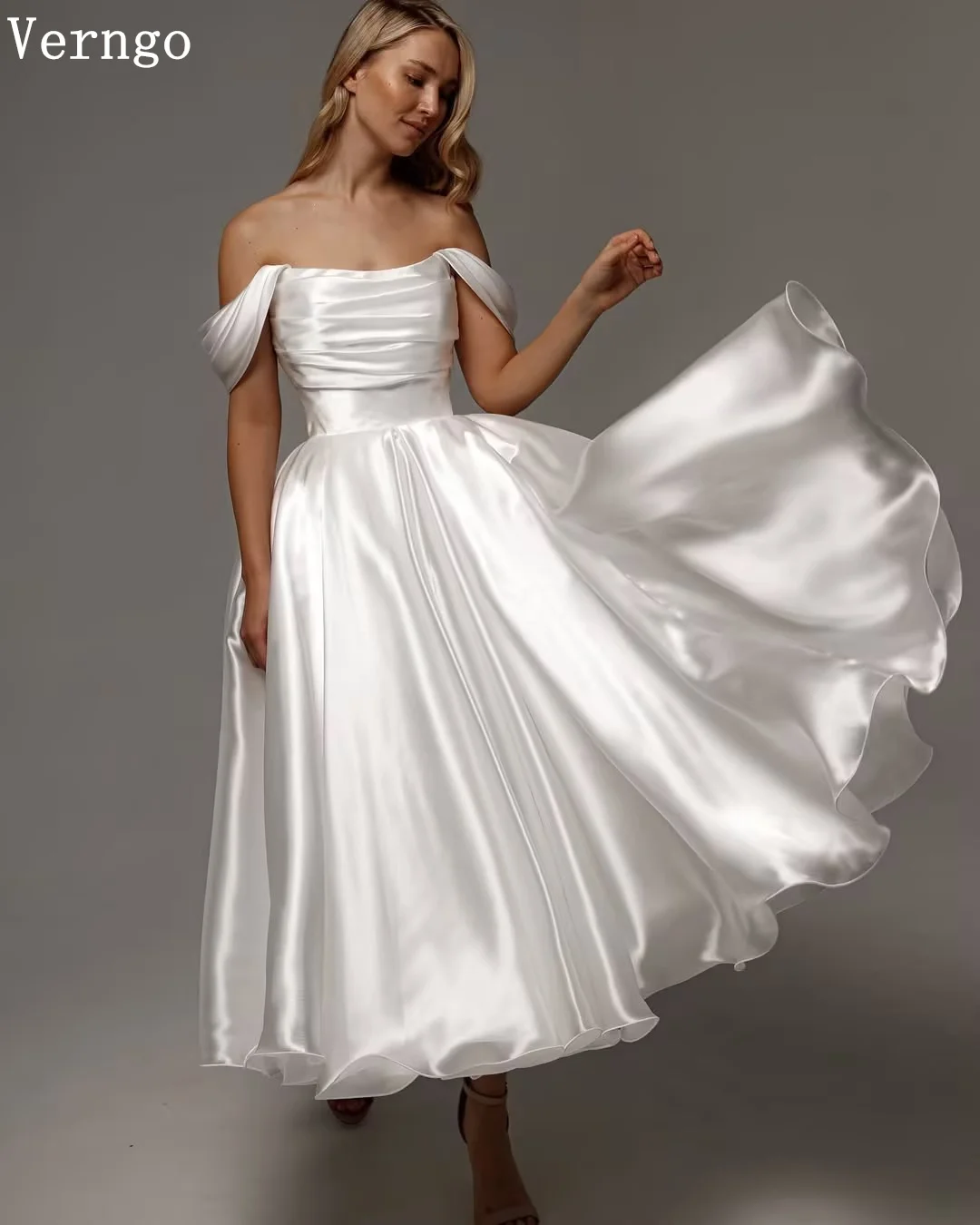 Verngo Elegantes, glänzendes Satin-Hochzeitskleid, schulterfrei, A-Linie, Knöchel-Brautkleid, Schnürung, einfache Kleider für die Hochzeit, individuell gestaltet