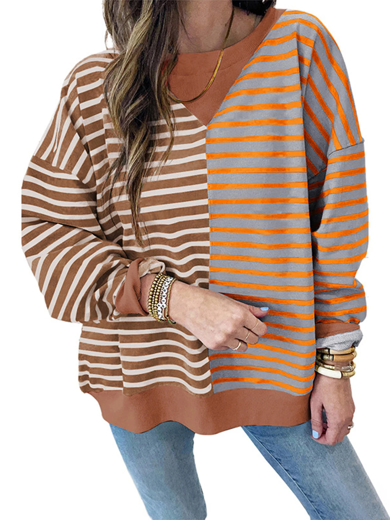 بلوفر نسائي كوري كاجوال مخطط بأكمام طويلة ورقبة دائرية للخريف والشتاء، بلوزة يومية أساسية #4