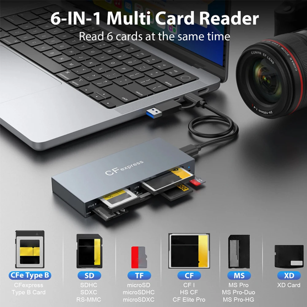 6 in 1 CFexpress Type B/CF/XD/MS/SD/TF Multi Card Reader 10Gbps CF Express B Card Reader with Cable for Windows XP  OS