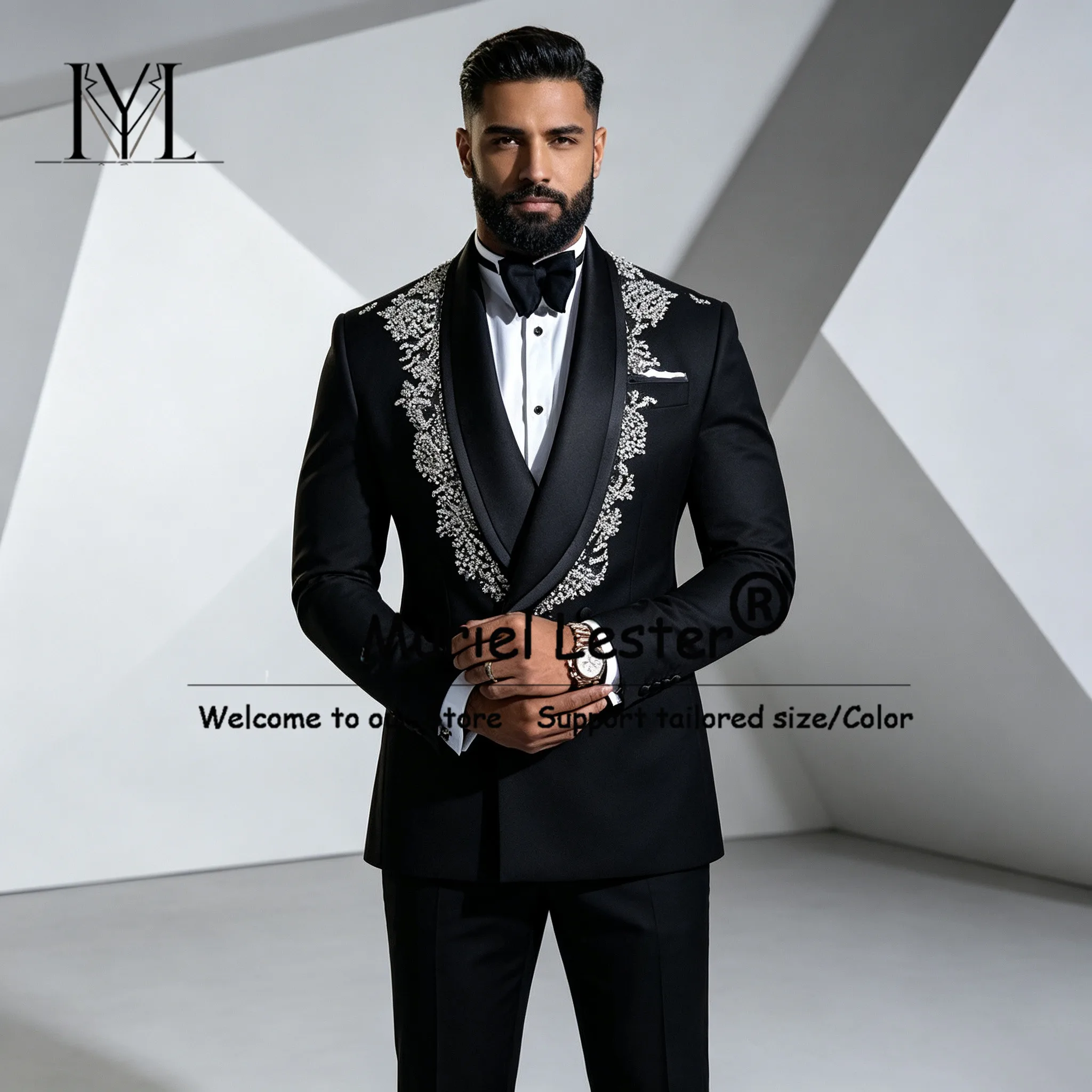 Male Fashion Suit For Wedding Spliced Shawl Lapel Prom Blazer Pants 2 Pieces Sets Groom Tuxedos Customized Man Business Attires