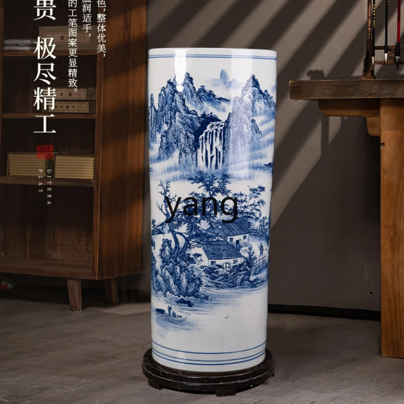 

Yhl Large Vase New Chinese Style Straight Blue and White Porcelain Porcelain Decoration Living Room TV Cabinet Floor Decoration