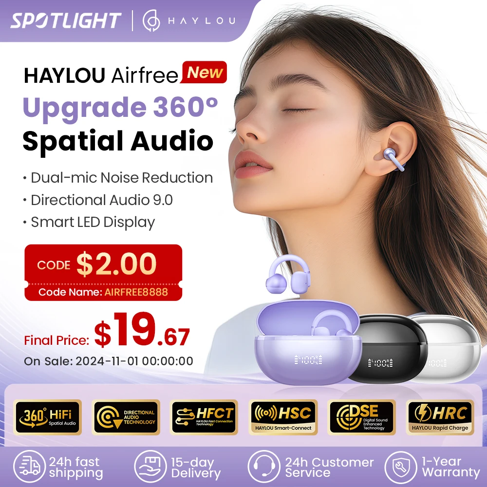 HAYLOU AirFree Ear Clip Earphones Bluetooth 5.4 Wireless Earbuds Dual-mic AI Noise Reduction Sports Headphones Smart LED Display