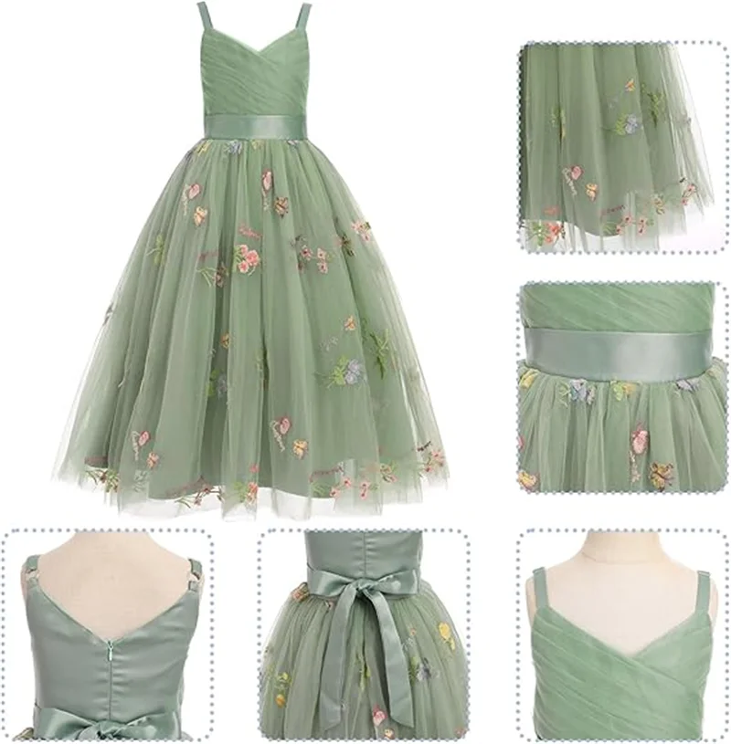 Girls Spaghetti Strap Ruched Bodice Floral Embroidered Tulle Ball Gown Belted Design Formal Occasion Wedding Flower Girl Birthda