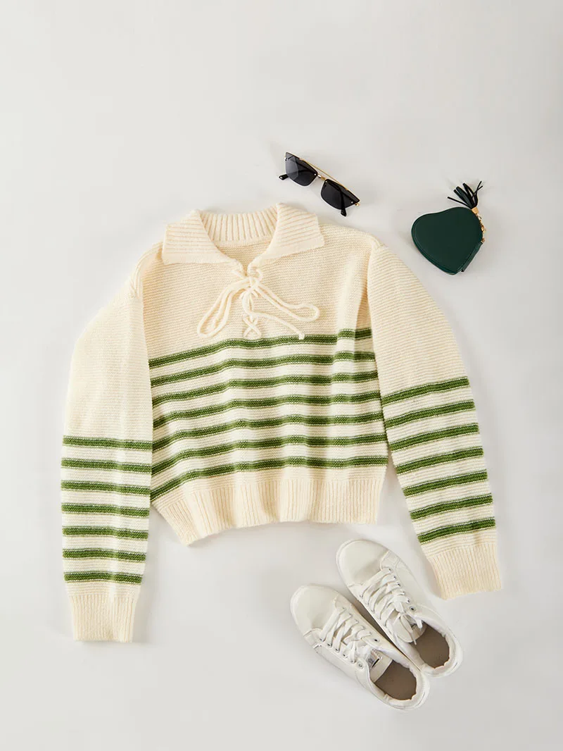 2024 Women's Loose Casual Striped Lace-up Sweater Women's Sweater Lace-ups Sweet Casual Knitted Long Sleeves Tops Stripe