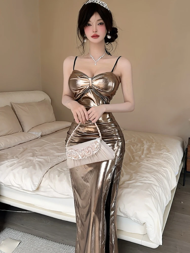 المرأة الصلبة مطوي Bodycon حبال مثير نادي فستان الصيف أنيقة فاخرة فستان حفلة الرقص 2025 الكورية خمر هيبورن فستان حفلة موسيقية