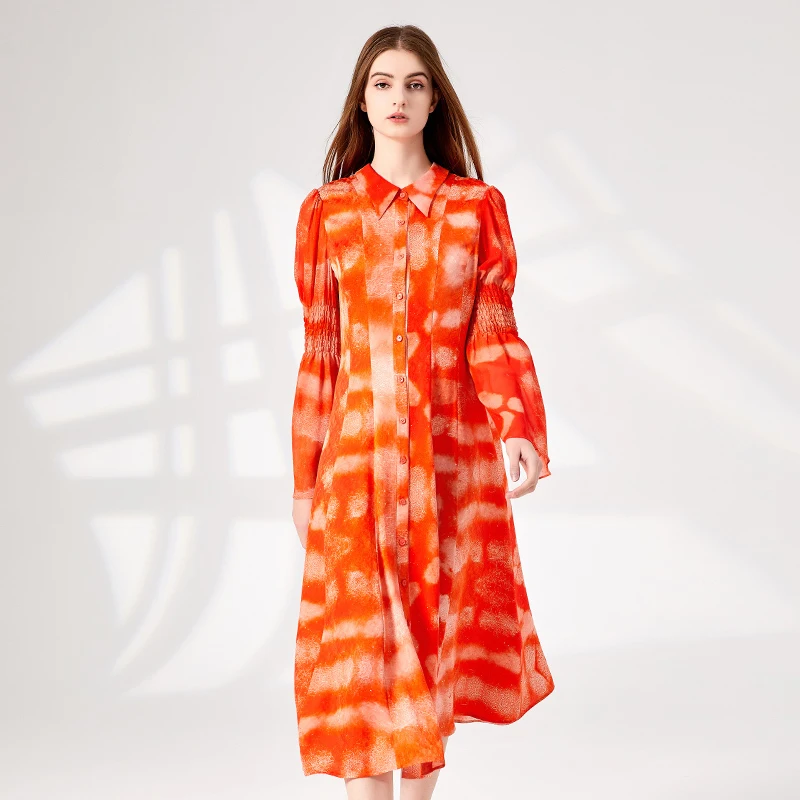 100% Mulberry Silk Printed Jacquard Orange Pink Polo Collar Dresses Flare Long Sleeve Single Breasted Midi Silk Dress AY225