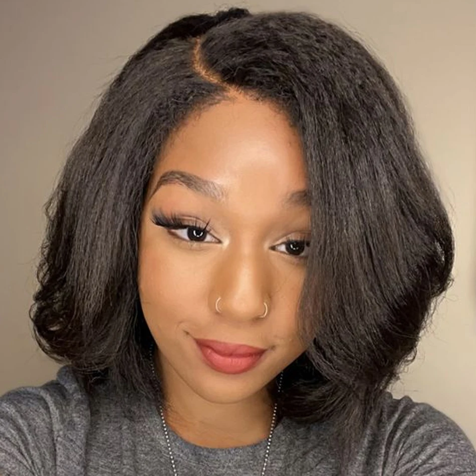 Wear To Go Kinky Straight Edged Bob Wig 100% Human Hair Wigs Pre Plucked Yaki 13X4 Short Glueless Bob HDLace Front Wig For Woman