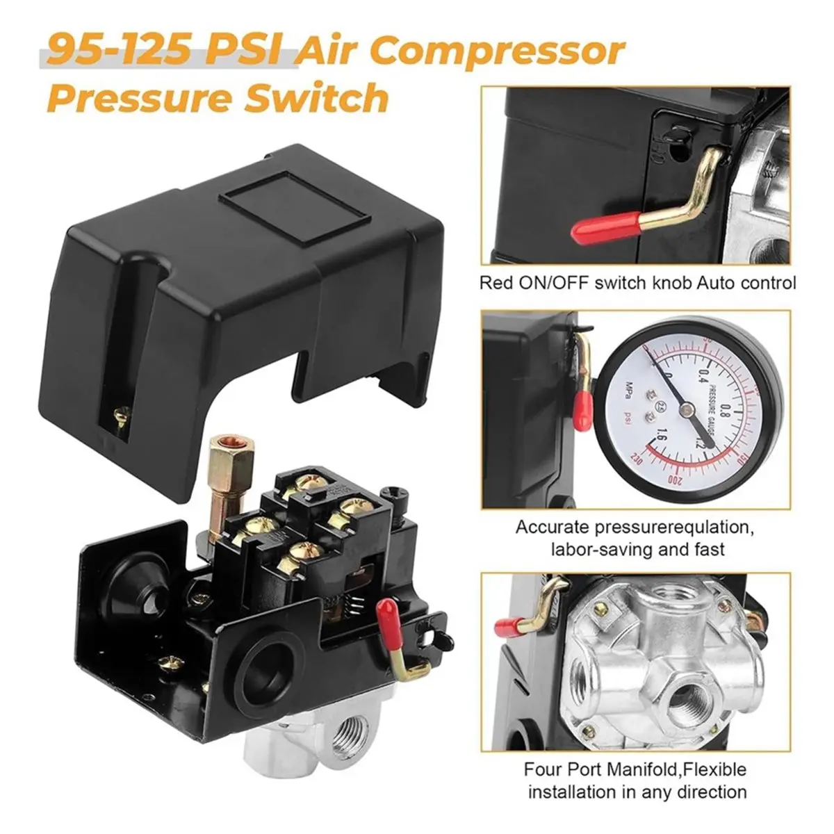LF10-4H Pressure Switch 95-125 Psi, 20A 120 Volt with 4 Port 1/4 in NPT for Compressors