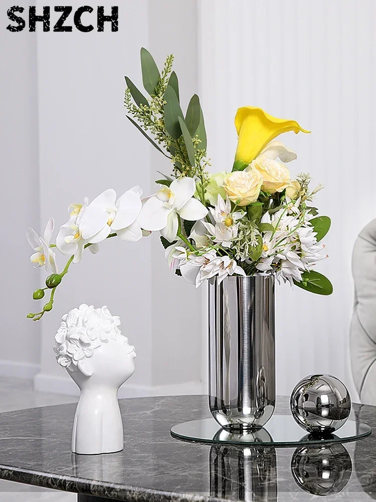 Jarrón Moderno Nórdico Plateado de Acero Inoxidable, Soporte de Lujo para Flores Secas, Decoración para Sala de Estar, Regalo
