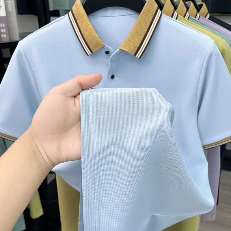 TFETTERS Summer Preppy Men T Shirt Striped Collar Tag Campus Office Wear Short Sleeve Top Wrinkle Free Quick Dry Tshirt for Man