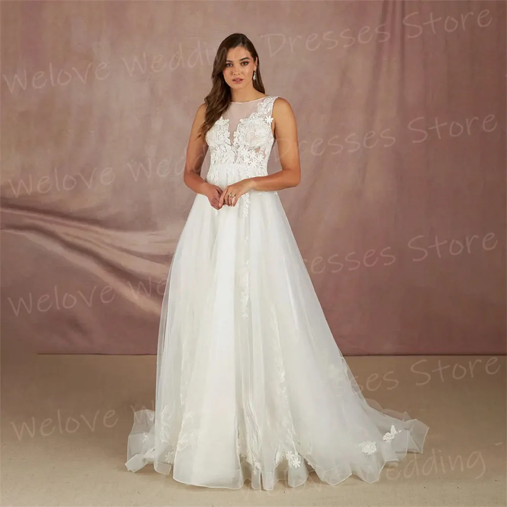 

Sexy Exquisite A Line Women's Wedding Dresses Classic Appliques Lace Bride Gowns Generous O Neck Sleeveless Vestidos Novias Boda