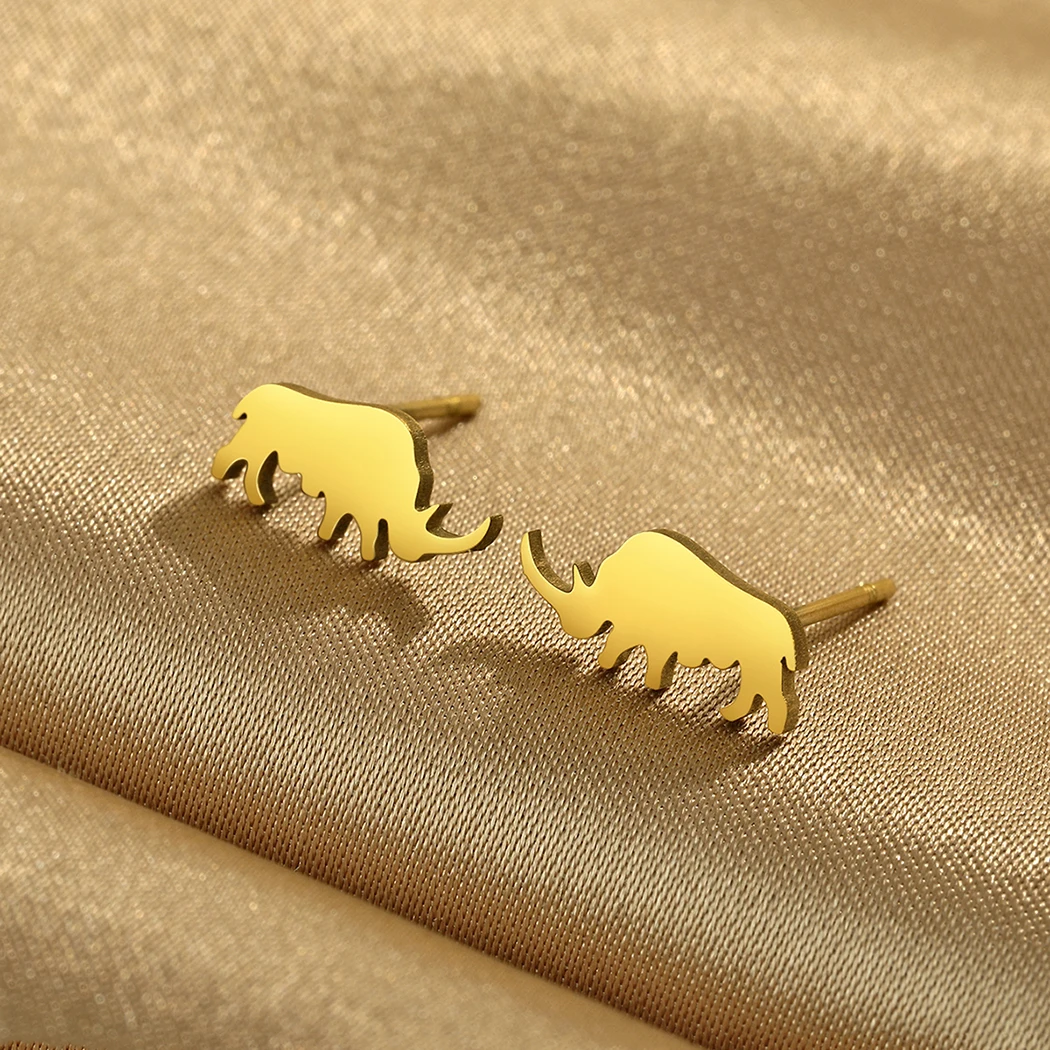 Woolly Rhinoceros Earrings for Women Men Hand Cut Animal 316L Stainless Steel Cartilage Ear Stud Prehistory Paleontology Gifts