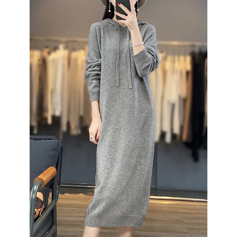 

Autumn Winter New Pure Woolen Sweater Women's Hooded Solid Color Long Dress 100% Pure Wool Over Knee Loose Lazy Style Long Dres