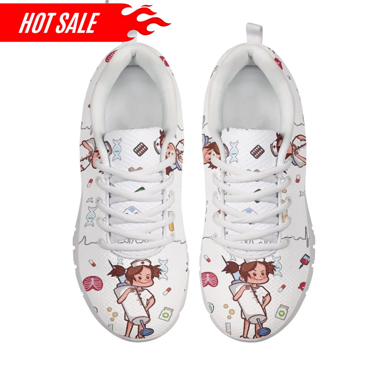 Women Lace Up Nurse Shoes Syringe Medical Heartbeat Pattern Female Casual Mesh Flats Sneaker Girls Zapatillas Mujer
