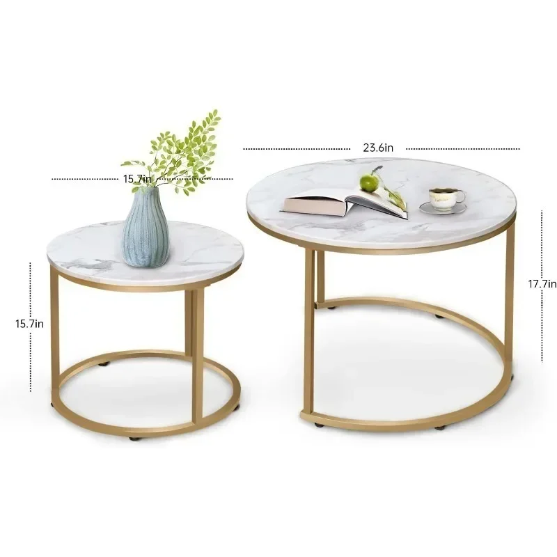 Space Saving Nesting Tables, White & Gold Round Marble Coffee Table for Small Apartment