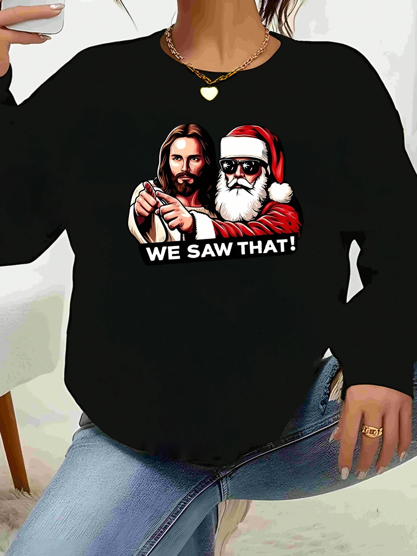 Jesus e Papai Noel viramos naquele Natal Camiseta de manga comprida Festa de férias Roupa casual feminina