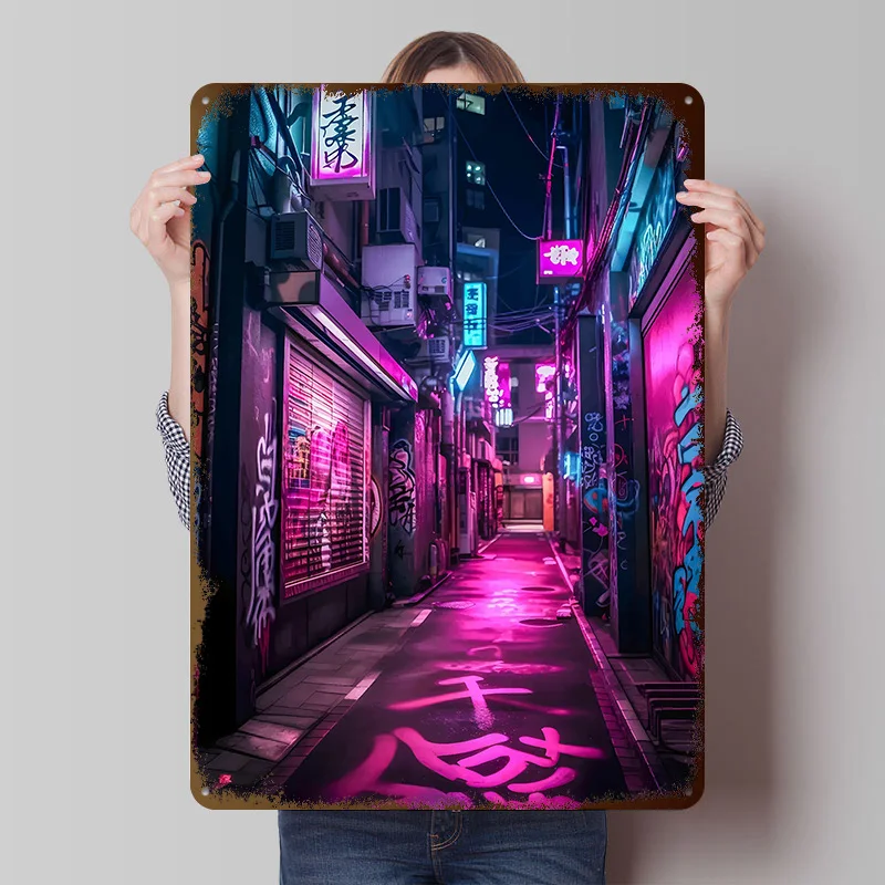 Neon Tokyo Nights Gedrucktes Poster Individualisierte Retro-Wandkunst Vintage Metallschilder für Gaming-Raumdekoration Ästhetisches Haus