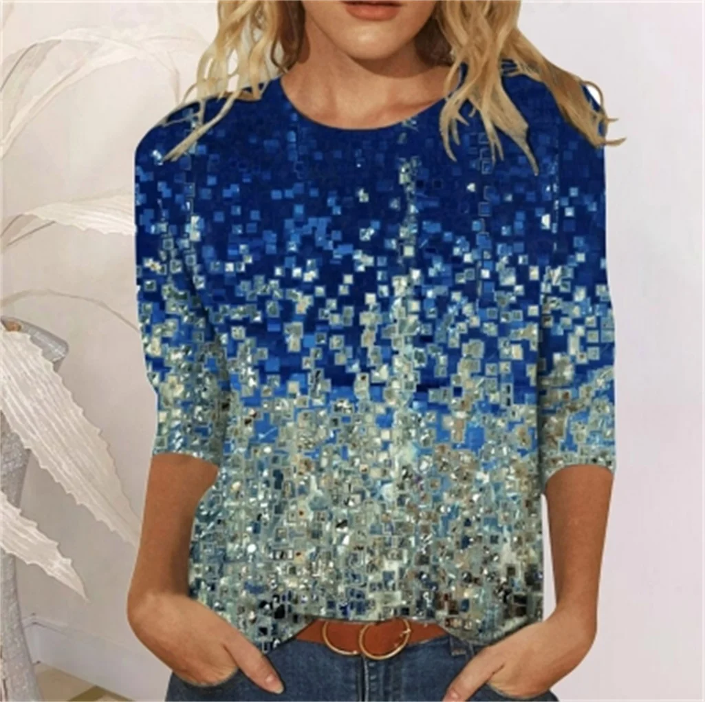 

Ladies casual flower print O-neck loose 3/4 sleeve cropped sleeve T-shirt top