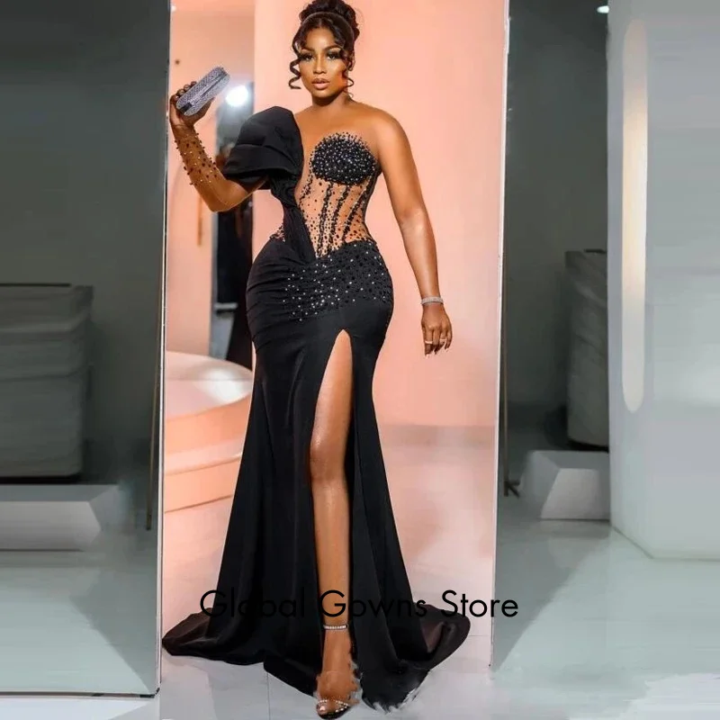 أسود المرأة الأفريقية حورية البحر فساتين لحضور الحفلات الموسيقية الوهم الأعلى مطرز مشد Aso Ebi المرأة رداء حفلات رسمية مع قطار للانفصال