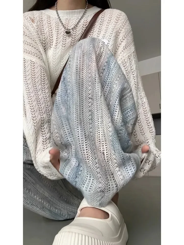 2025 มัดย้อมกางเกงลําลองกลวงสําหรับผู้หญิงในฤดูร้อนสไตล์บางY2kหลวมและบางและเข้าได้หลายชุดขี้เกียจกางเกงขากว้างเสื้อJ