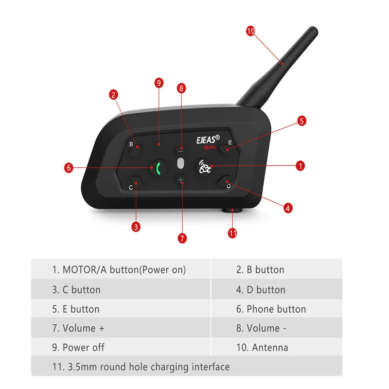 EJEAS-intercomunicador V6 Pro con Bluetooth para casco de motocicleta, comunicador impermeable para 6 conductores, dúplex completo con bolso de mano de regalo, 4 piezas, 1 piezas