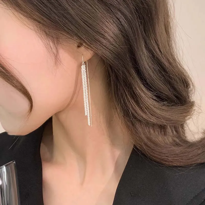 Classic Fashion Long Tassels Shiny Silver Color Drop Dangle Earrings for Women Luxury Wedding Bride Korea Earring Jewelry Gifts