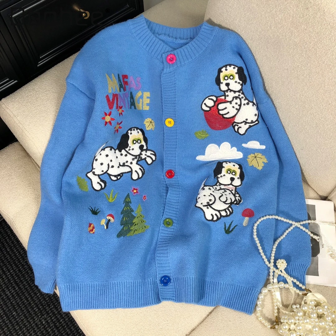 

Puppy Embroidered Long Sleeve Sweater Women 2024 Winter New Korean Version of College Style Design Sense Knitted Cardigan