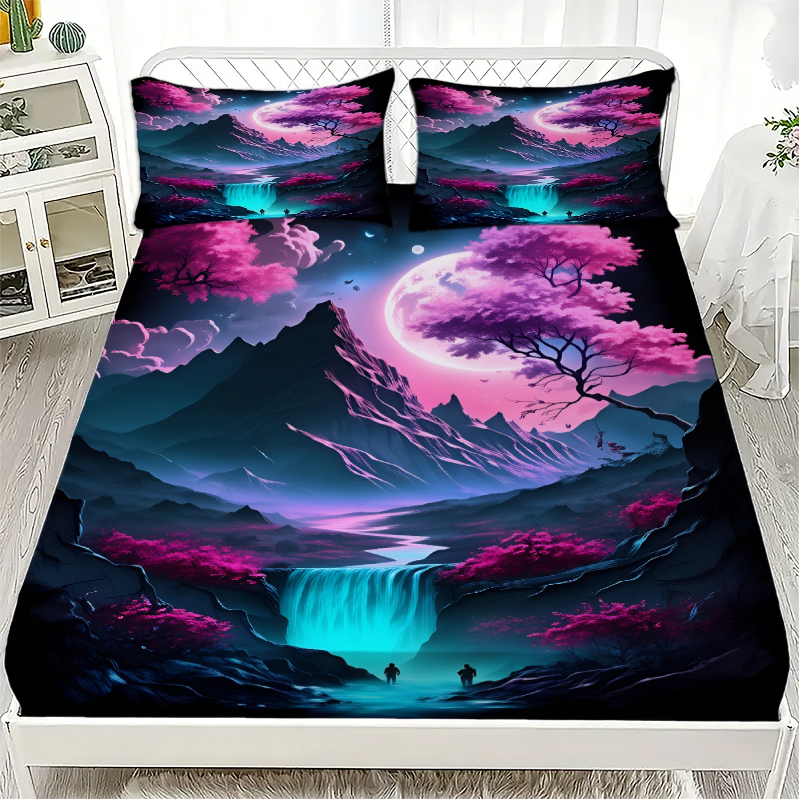 3pcs Fitted Sheet Set Japanese Garden Night Scene 3D Printed Cherry Blossom Waterfall Bed Sheet With Pillowcases For Bedroom