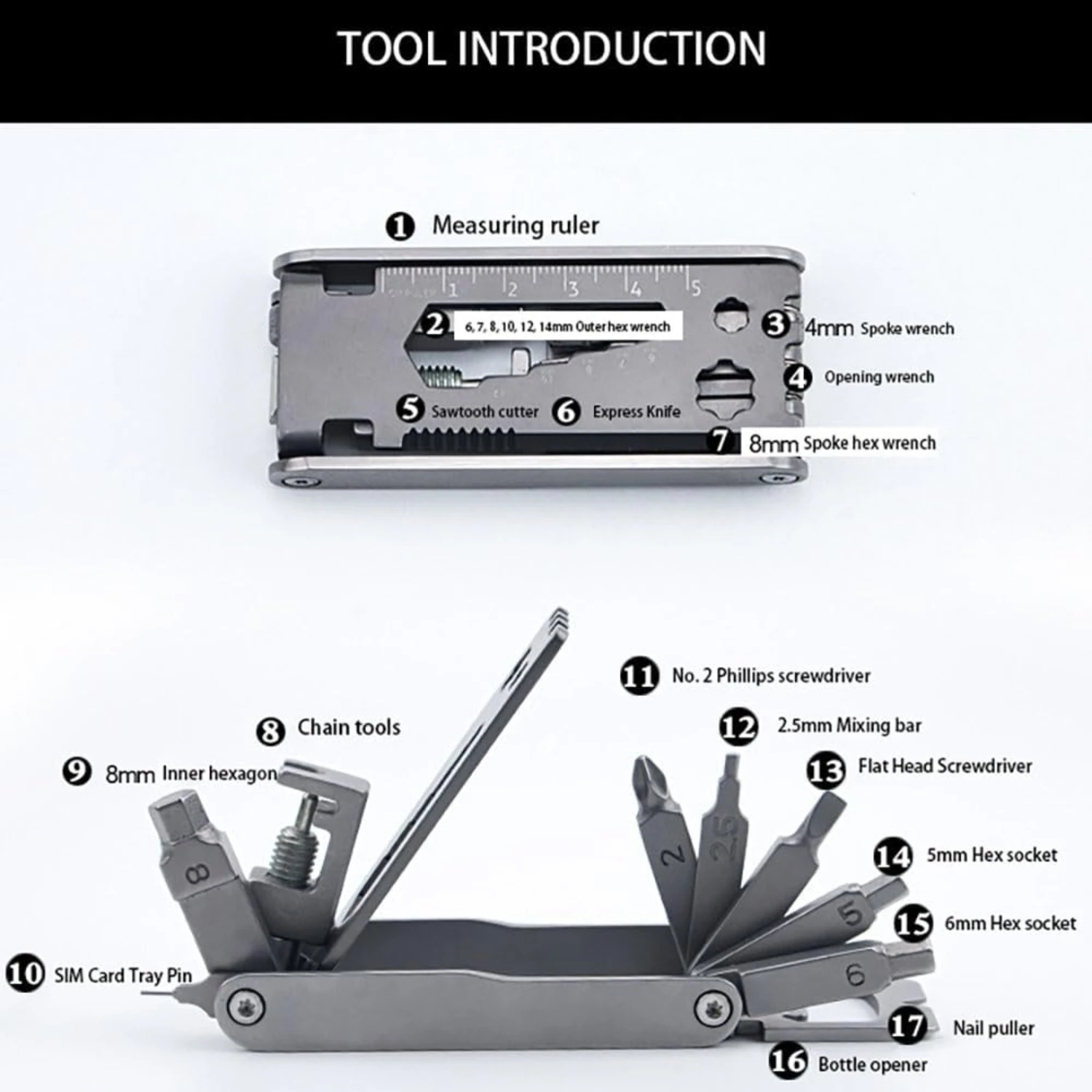 Kit de reparación de bicicletas portátil 17 en 1 elegante, duradero y de alta calidad, accesorios prácticos imprescindibles para superar