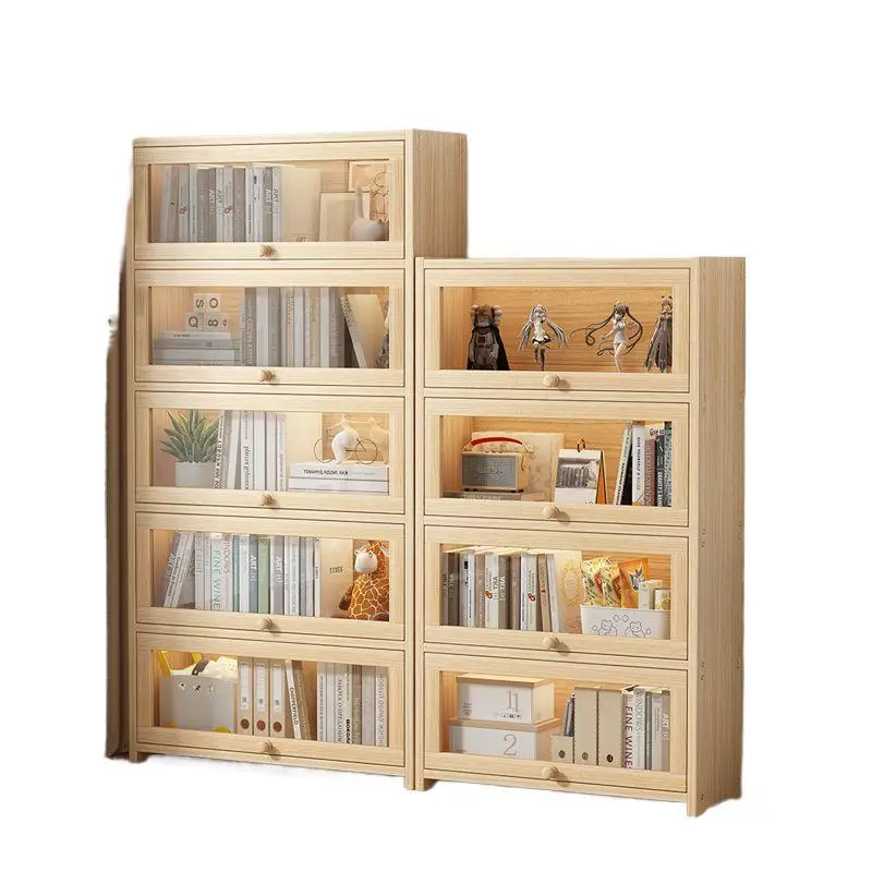 

Pine bookcase upturned transparent door student book storage multi-layer floor