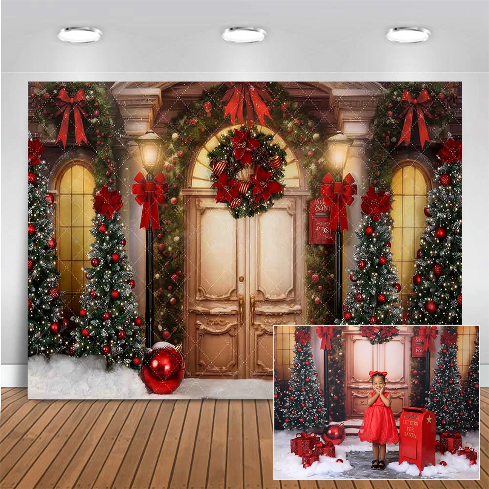 

Christmas Door Photo Background Xmas Tree Red Ball Decor Photography Backdrop Kids Family Portrait Photo Studio Props Photocal