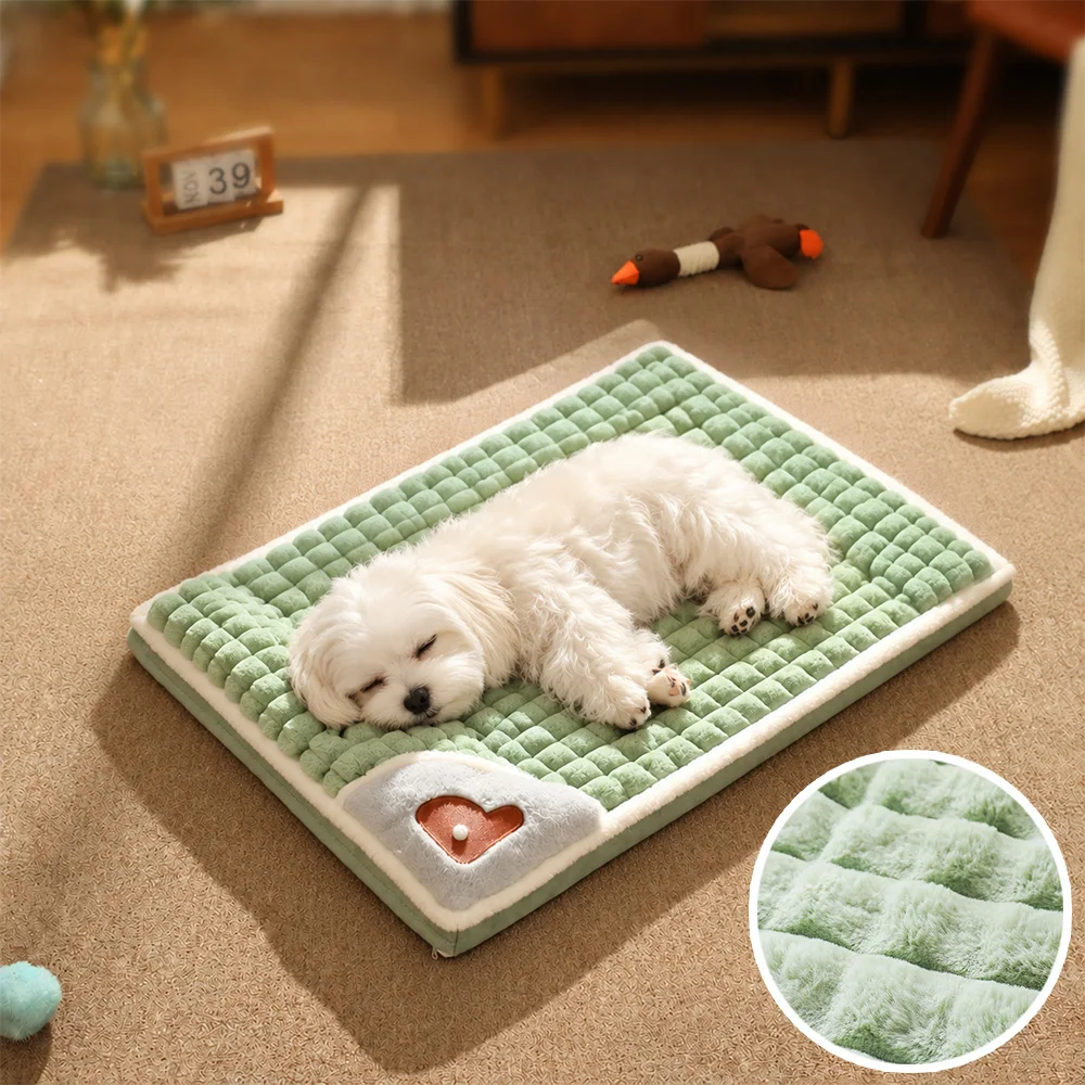 Soft Plush Dog Bed Mat with Removable Pillow, Warm Winter Pet Sleeping Pad, Non-Slip Floor Cushion for Small Medium Dogs Cats