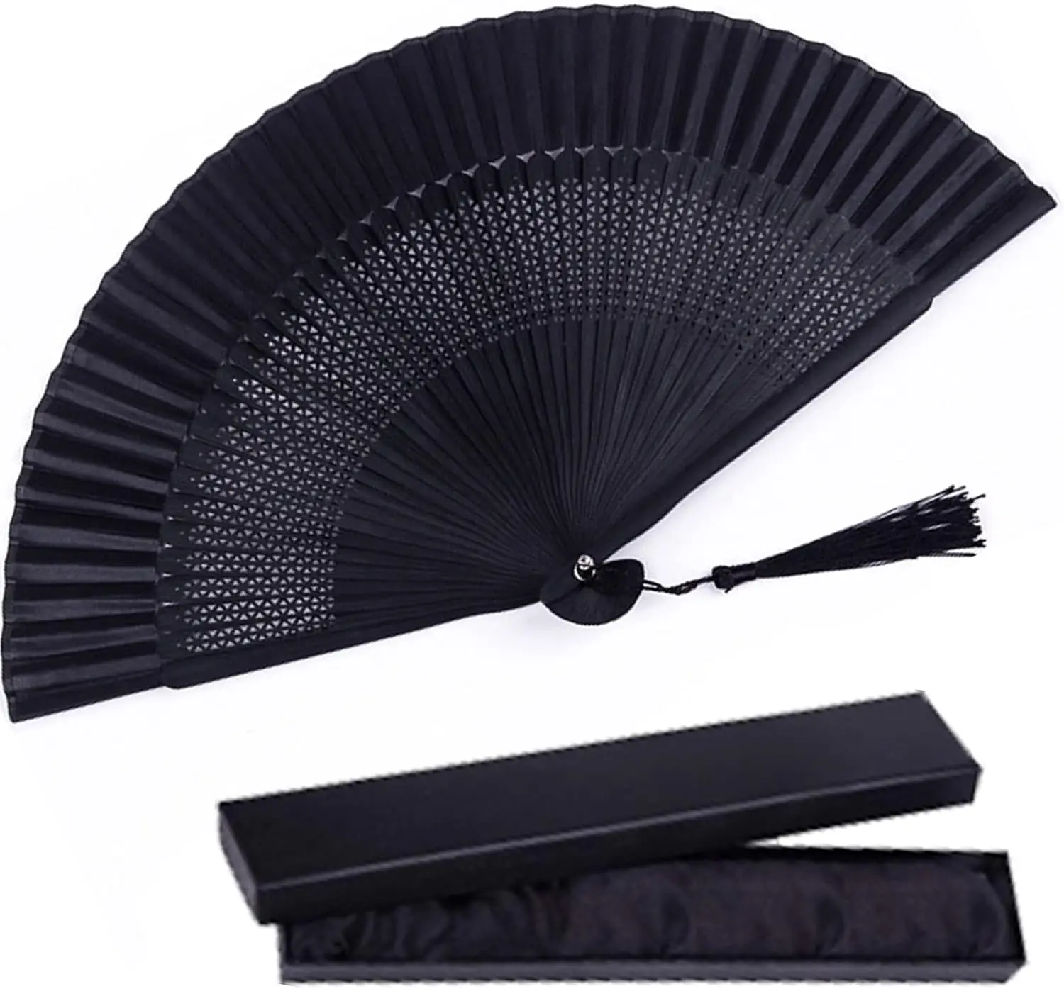 Silk Folding Fan, Bamboo Wood Hand Fan, Retro Japanese Style Handmade Fan with a Fabric Sleeve and Tassels Wedding Summer Gift