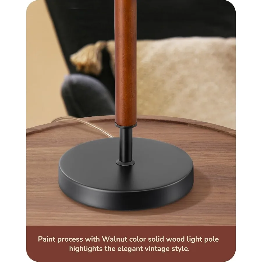 مصباح طاولة منتصف القرن، سلسلة سحب، مصباح بجانب السرير مع غطاء من الكتان، عمود من الخشب الصلب وقاعدة معدنية سوداء، منضدة حديثة L