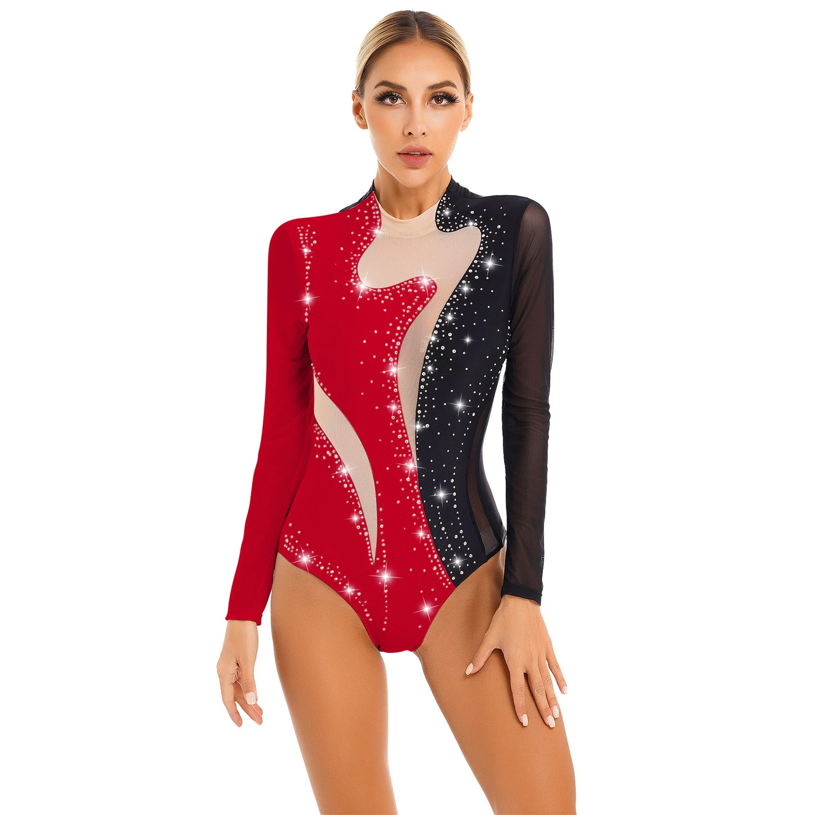 Womens Patchwork Gymnastics Leotard Rhinestone Sheer Mesh Long Sleeve Ballet Dance Bodysuit Acrobatics Figure Skating Jumpsuit