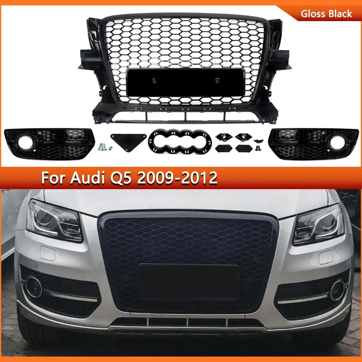 Magickit Frontstoßstangengrill für Audi Q5 Standard 2009 2010 2011 2012, Nebelscheinwerfergitter, RSQ5 Look Center Racing Grill Mesh