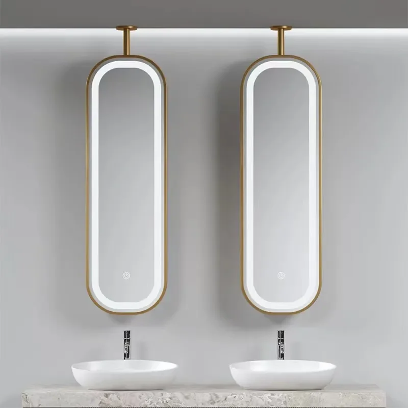Oval LED Lighted Mirror with Suspension Rod Double Sided Ceiling Mounted Bathroom Mirror for Hotel and Home Decor