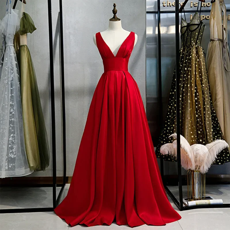 Robe de Soirée Rouge à Col en V pour Femme, Tenue de Bal Formelle, Éducative