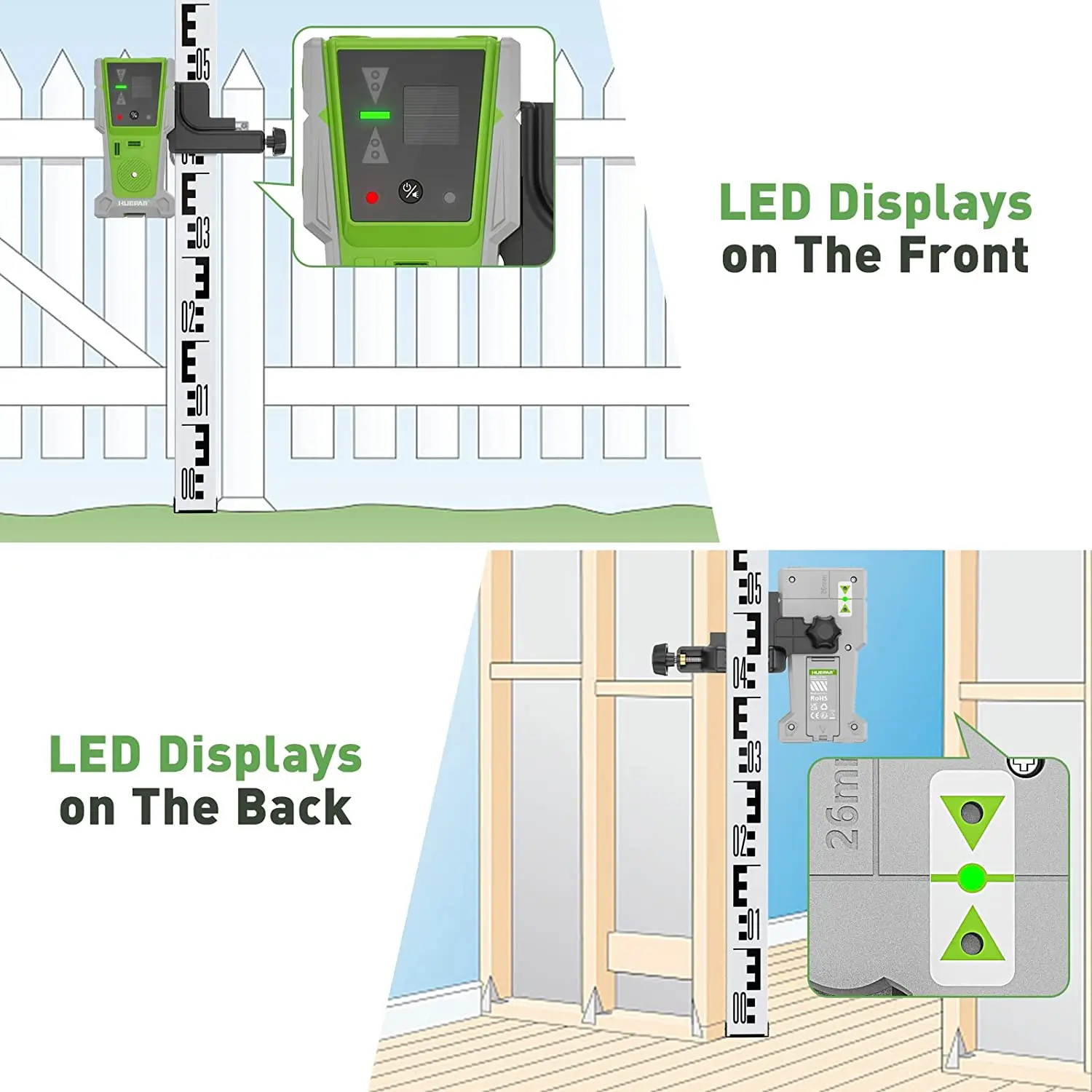 Huepar LR-8RG Laser Detector for Laser Level Digital Laser Receiver Pulse With LED Displays Magnet with Double Lamp 90 dB Buzzer