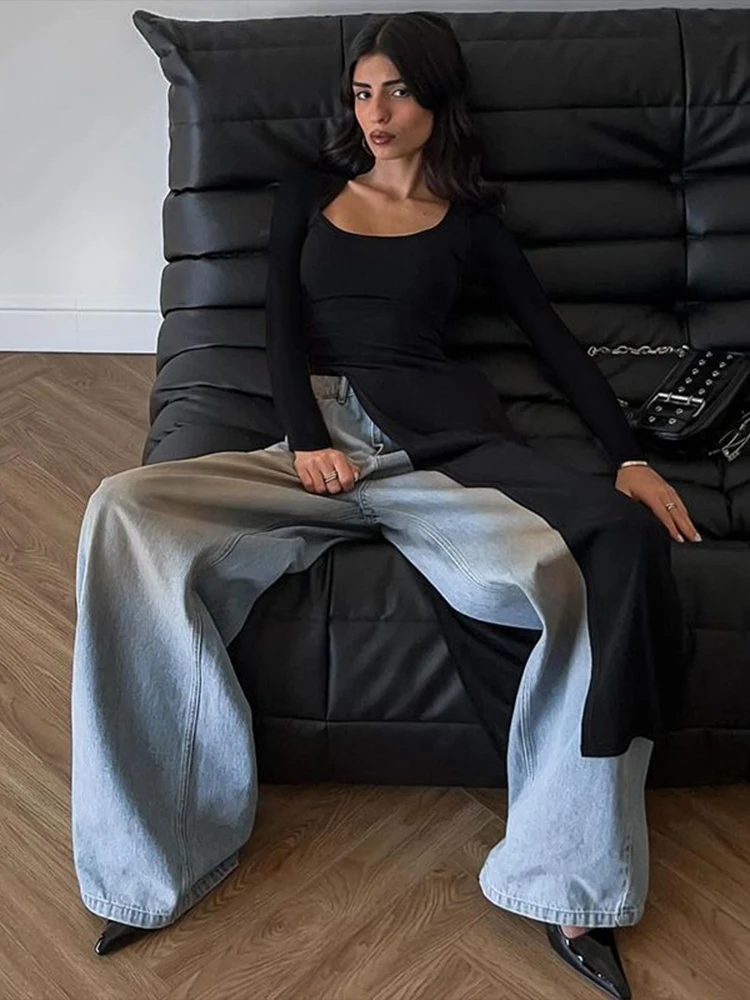 Weird Puss-Top longo clássico feminino, T-shirt irregular, temperamento simples, casual de rua, chique elástico especial, tendência de outono