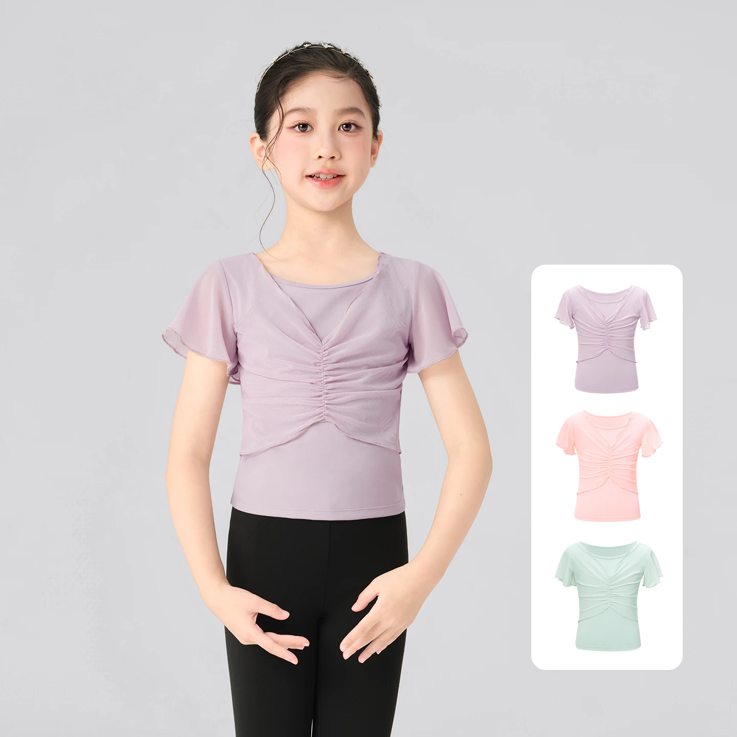 

Girls Kids Dance Tops Short Sleeve Ballet Dance Tops Kids Classical Fake Two Piece Tops Gauze Ruffles Dance Top