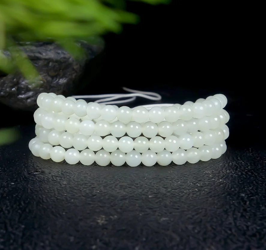 

Fine Jewelry Natural Hetian Nephrite Jade White Jade Round Bead Necklace Pendant Rope For Men And Women