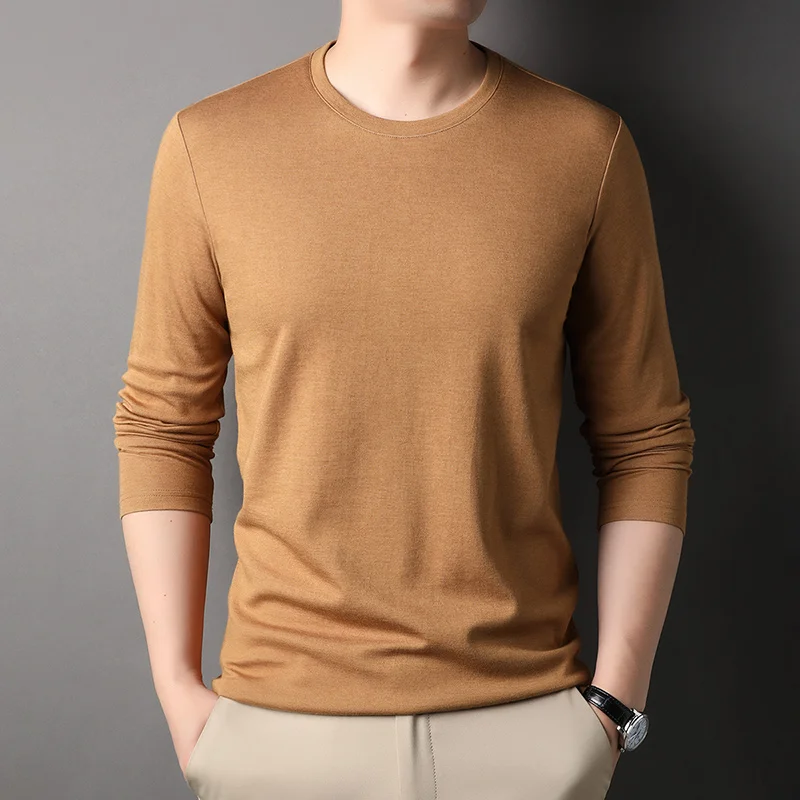 

Wool Long Sleeve Men's T-shirts High Quality Solid Color Round Collar Simple Casual Male T-shirts Slim Fit Man Tees 3XL