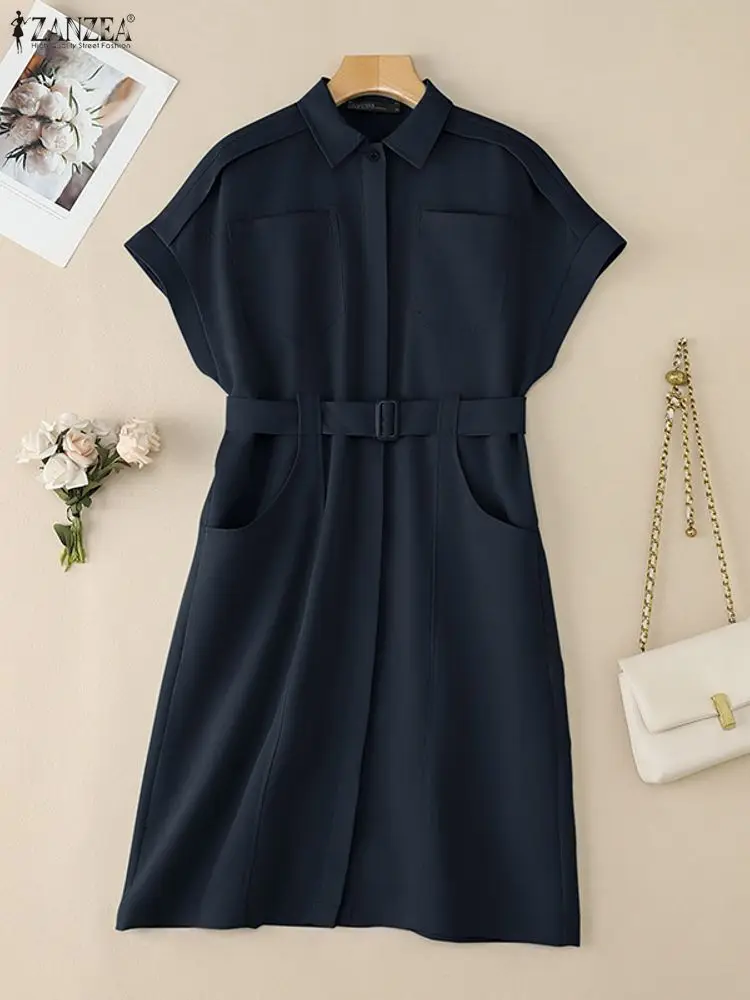 ZANZEA Camicia da donna casual patchwork con cintura Colletto rovesciato Bottoni Manica corta Abito al ginocchio Abbigliamento da lavoro S-3XL