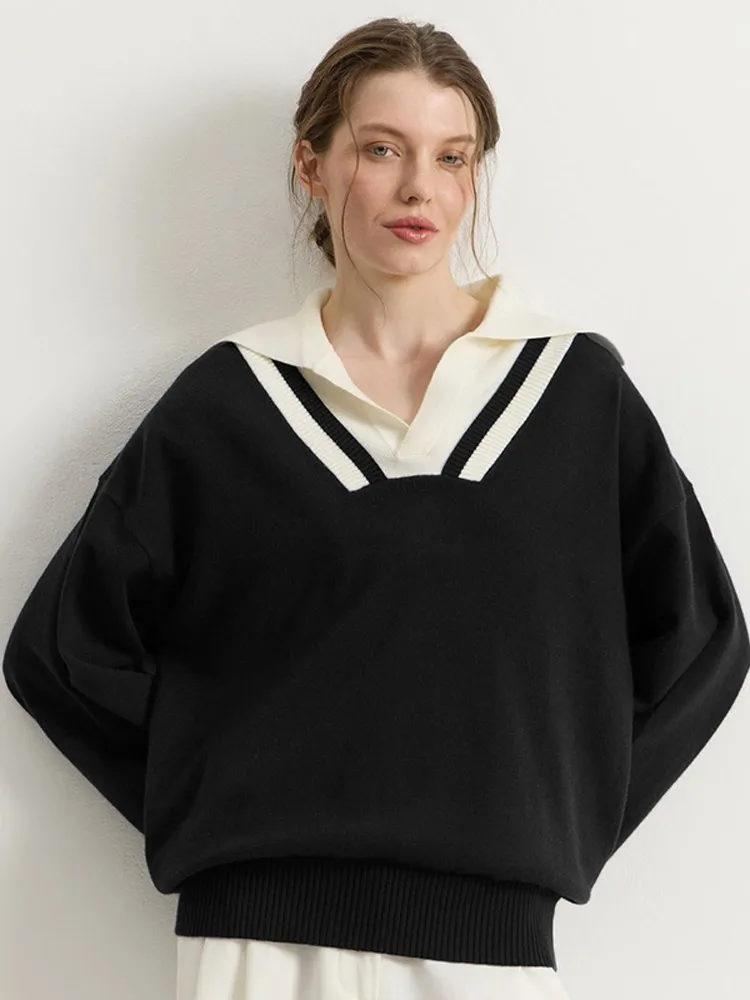 Casual สี Contrast Navy Collar หลวมเสื้อกันหนาวผู้หญิงแขนยาวเอวยางยืด V คอสั้นเสื้อกันหนาวหญิง Street Wear