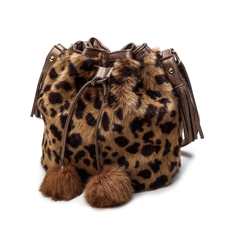 Warm Design Ladies Bucket Plush Shoulder Bag Single Shoulder Large Capacity Messenger Broadband Female Leopard Print Handbag