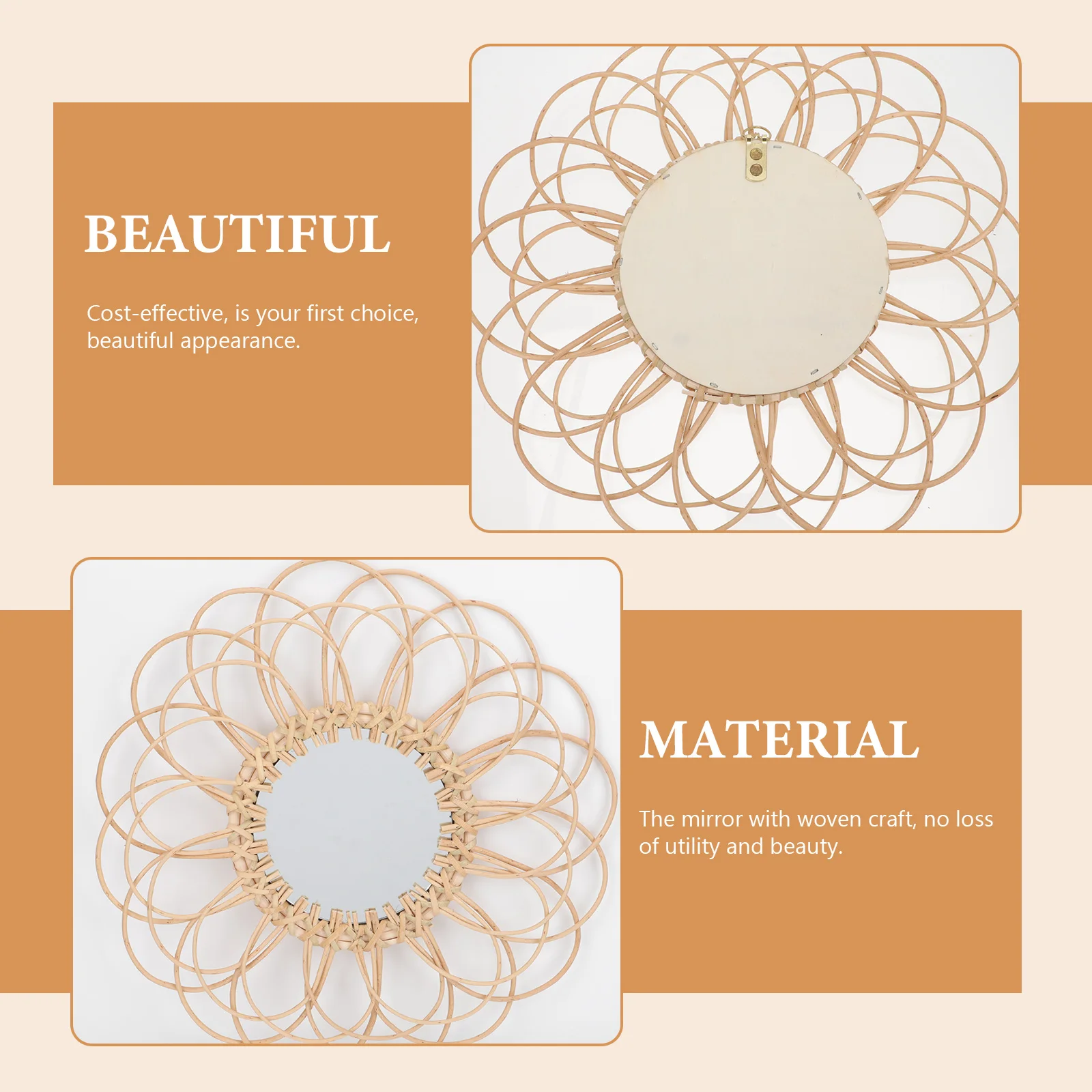 

Vintage Round Mirror Rattan Woven Hanging Wall Decorative Mirror Rustic Style Artful Room Adornment